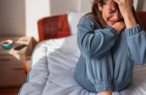 Mujer sentada en la cama, llorando y sujetándose la cabeza, mostrando signos de ansiedad, representando la necesidad de tratamiento con un psicólogo online en Alicante.